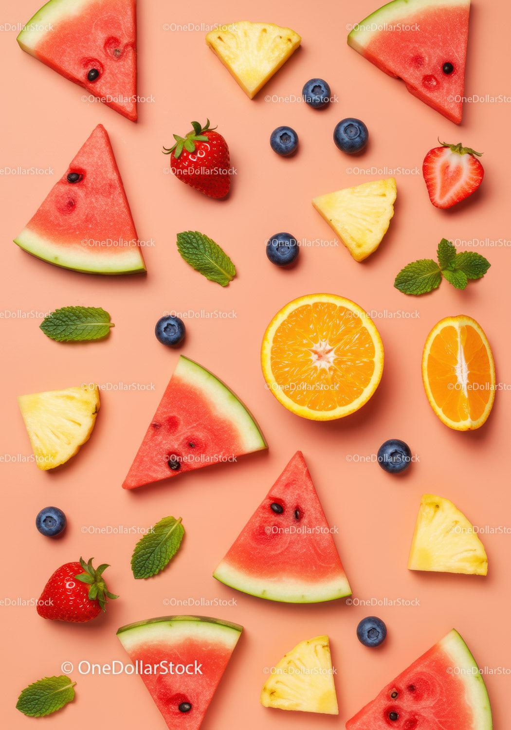 Assorted fresh summer fruit slices on soft pink background