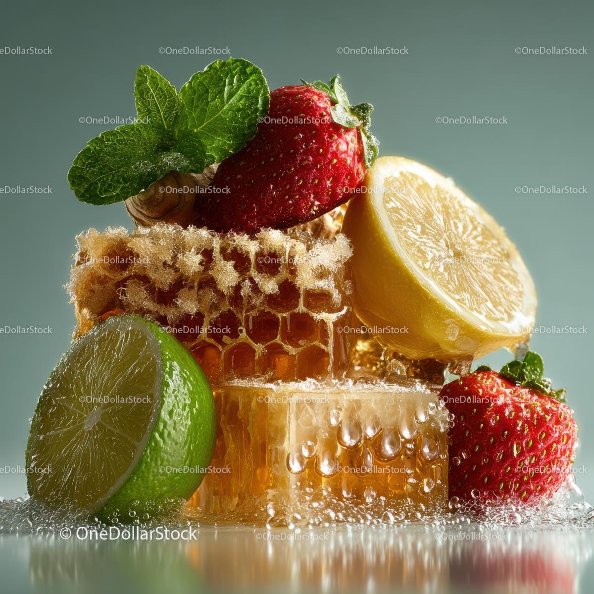 Fresh Honeycomb with Strawberries and Lime Garnish Stock Photo Bundle preview 17