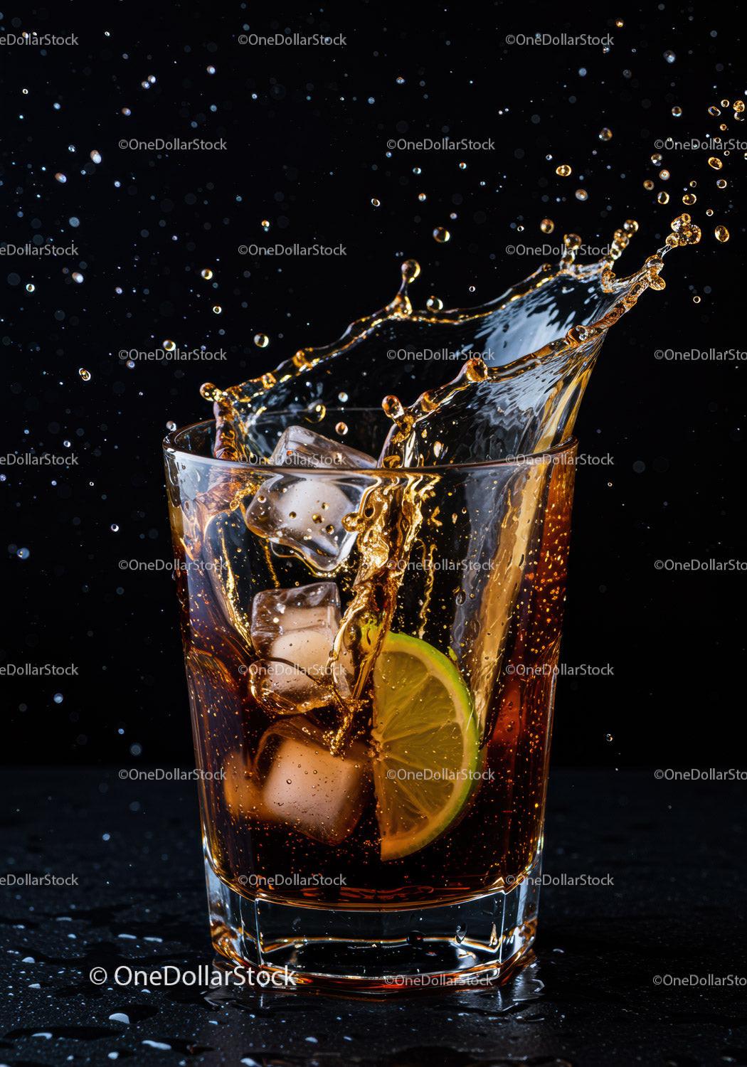Refreshing Cola Splash with Ice and Lime Slice