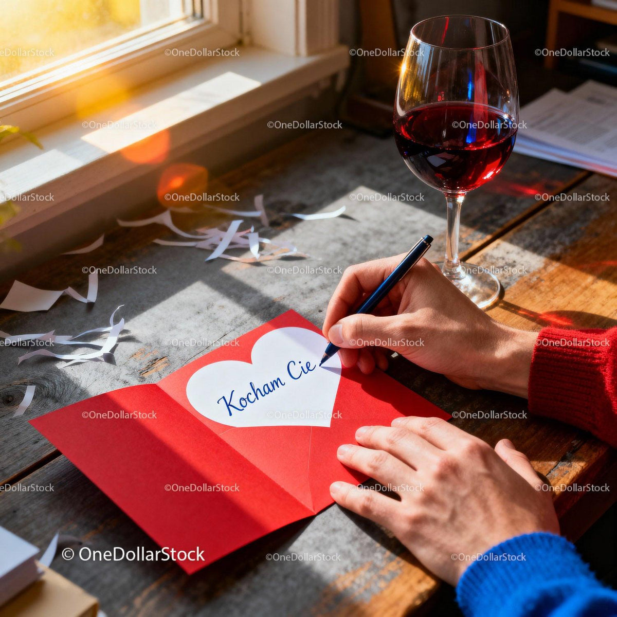 Writing a Romantic Valentine's Day Card with Red Wine Nearby