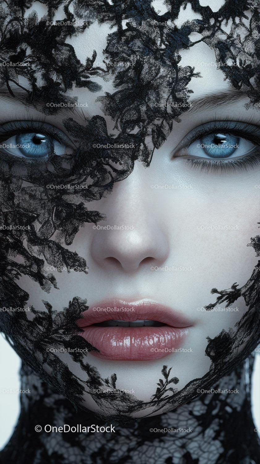 Close-up of pale face with blue eyes and pink lips covered by black lace