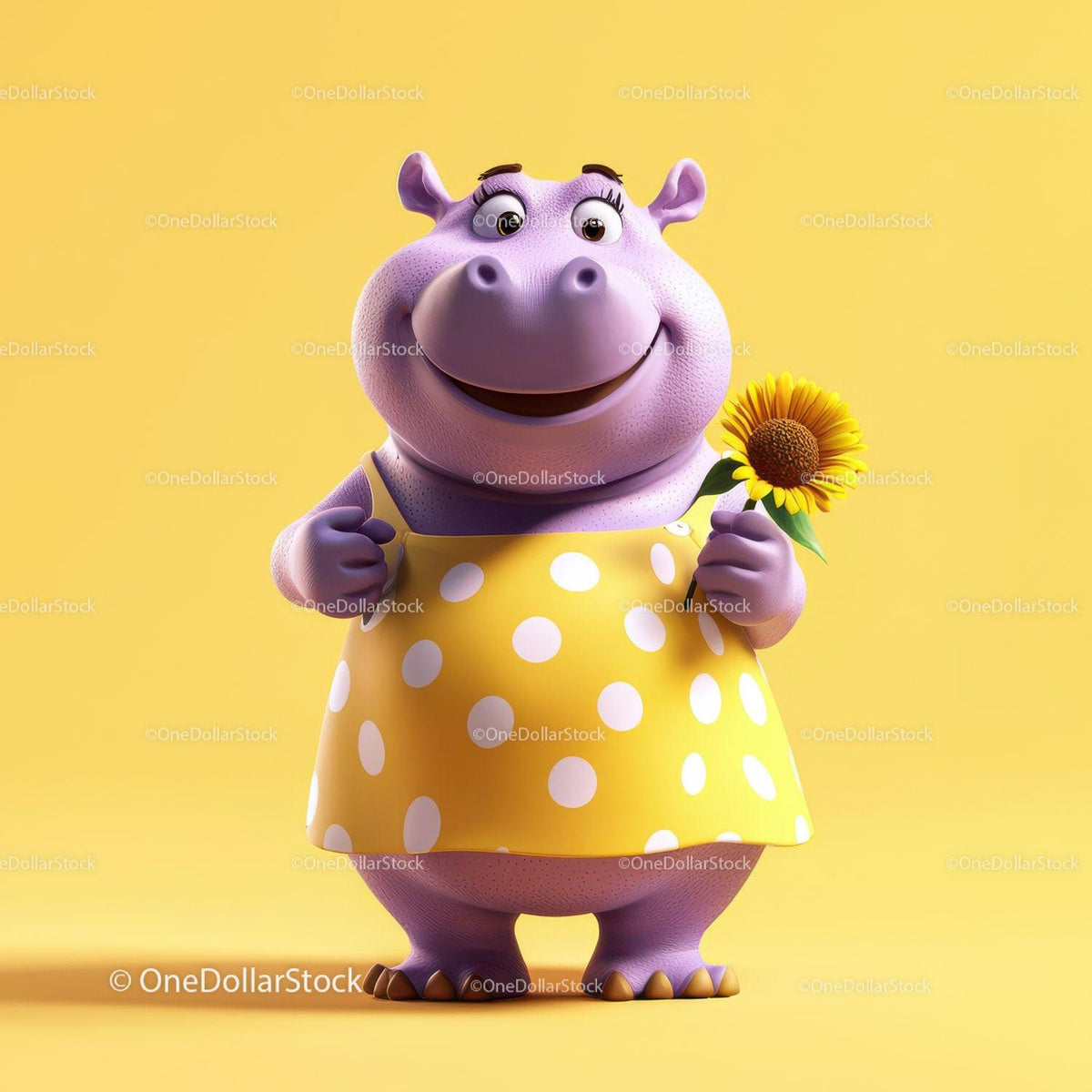 Purple cartoon hippopotamus in yellow polka dot dress holding sunflower