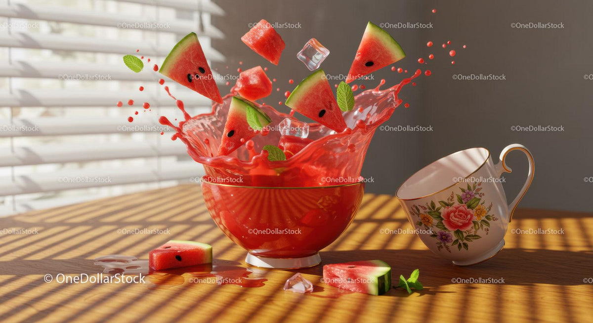 Watermelon slices splashing in vibrant red juice bowl