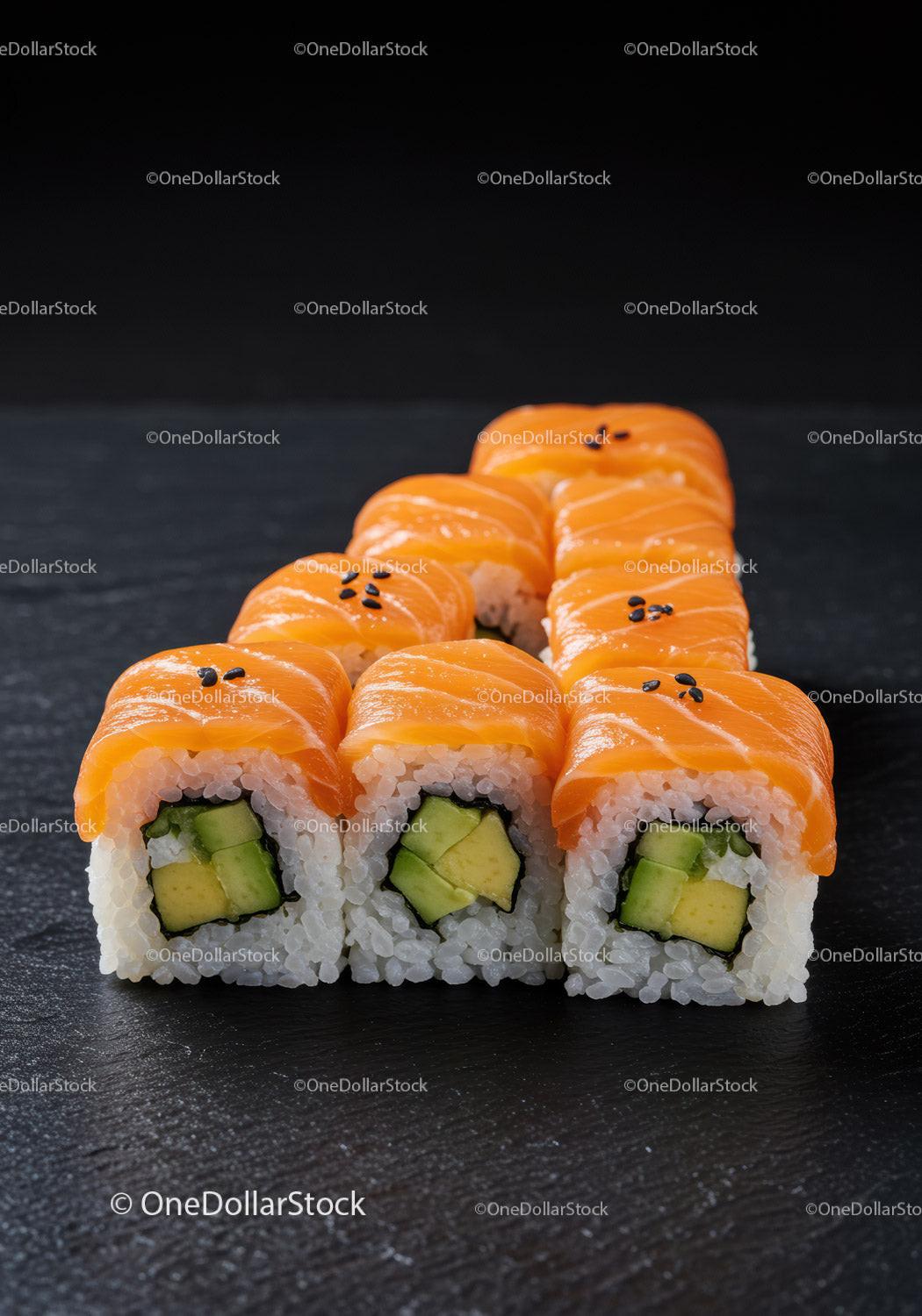 Fresh Salmon Sushi Rolls with Avocado on Black Slate