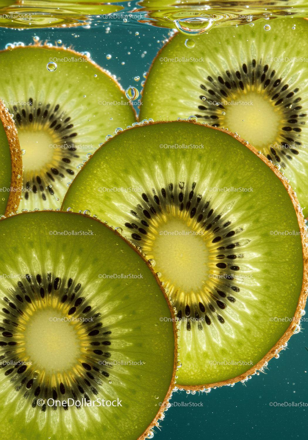 Fresh kiwi slices submerged in refreshing water