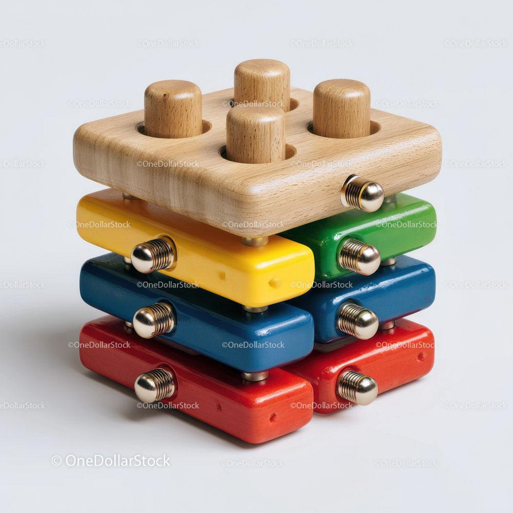 Wooden peg puzzle board with four pegs and colorful blocks having metal springs stacked vertically