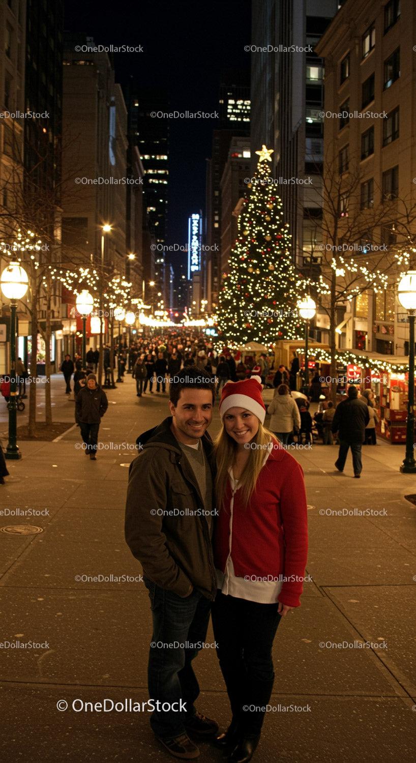 Couple enjoying festive Christmas lights in city street