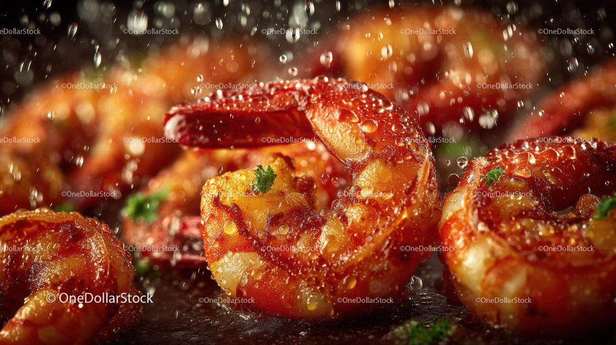 Close-up of Juicy Cooked Shrimp with Fresh Herbs