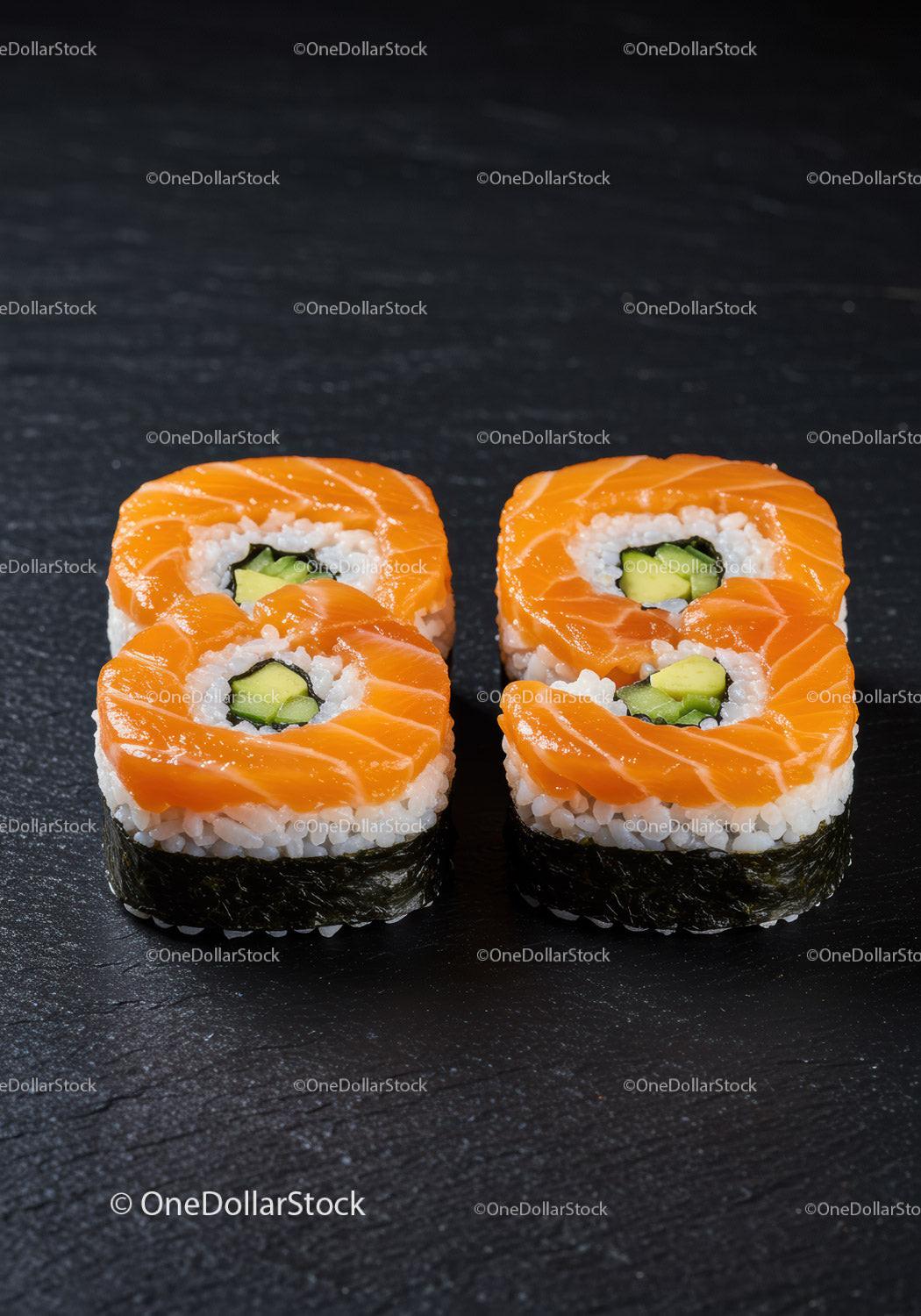 Fresh salmon sushi rolls with avocado on black slate