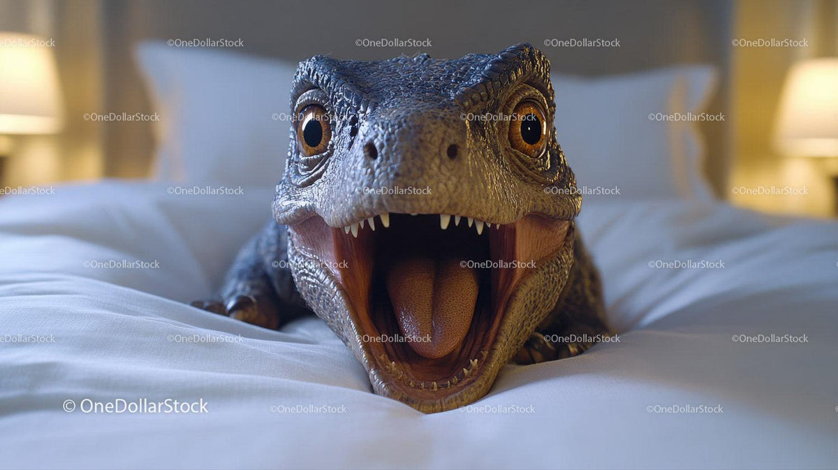 Closeup front view of lizard with open mouth on a white bed surrounded by soft lighting