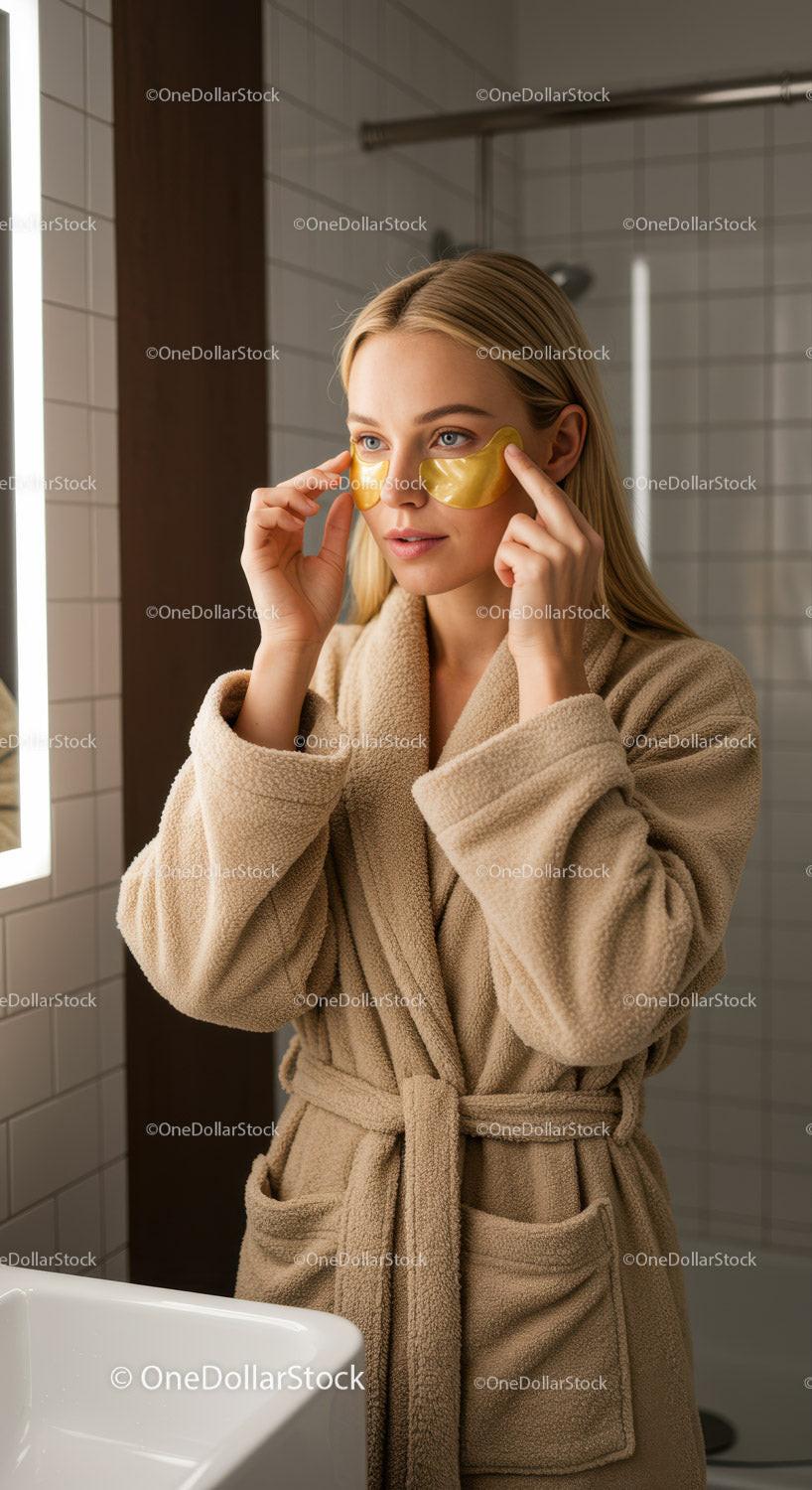 Woman Applying Under-Eye Gold Masks in Bathroom for Relaxation and Skin Rejuvenation