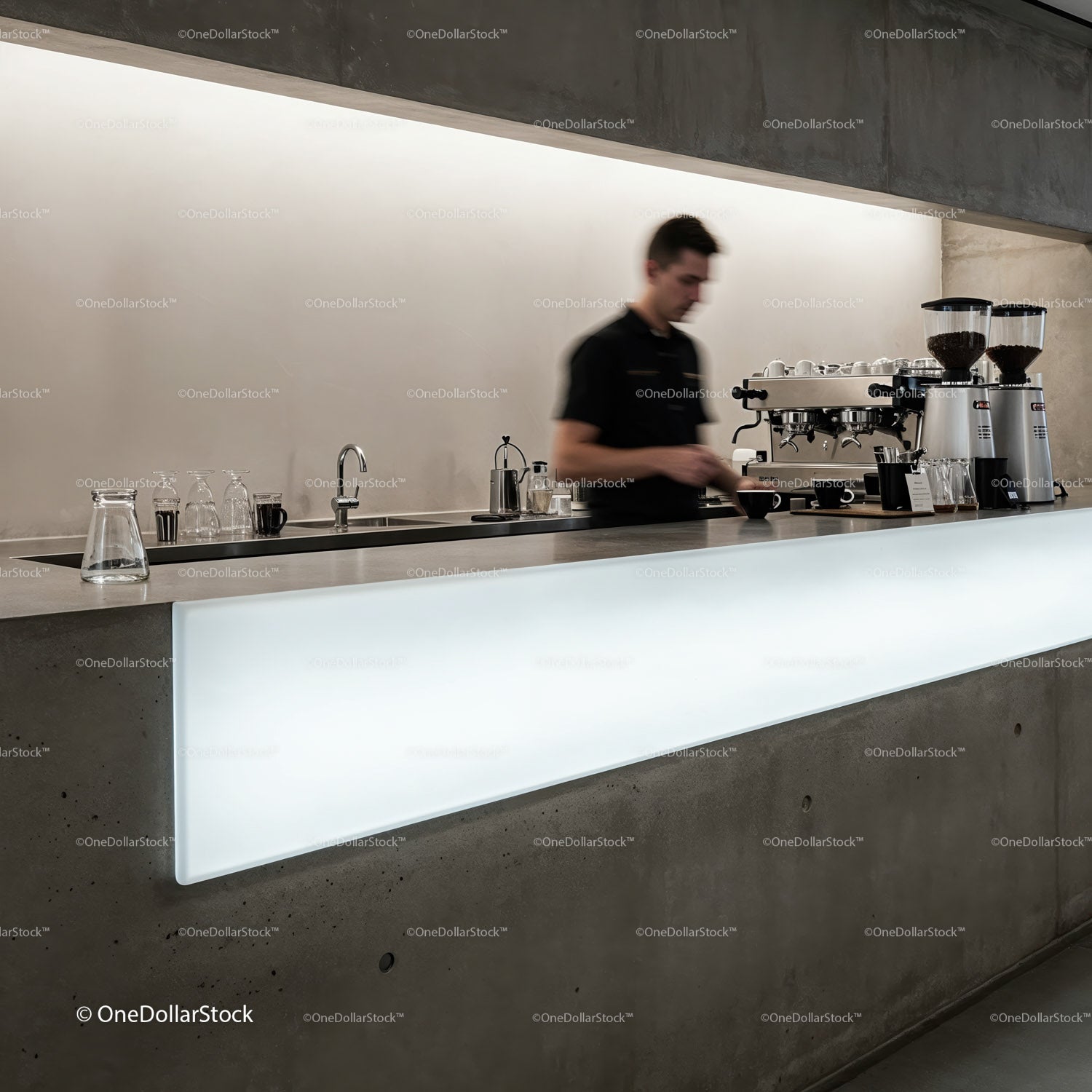 Barista Preparing Coffee Behind Minimalist Cafe Counter