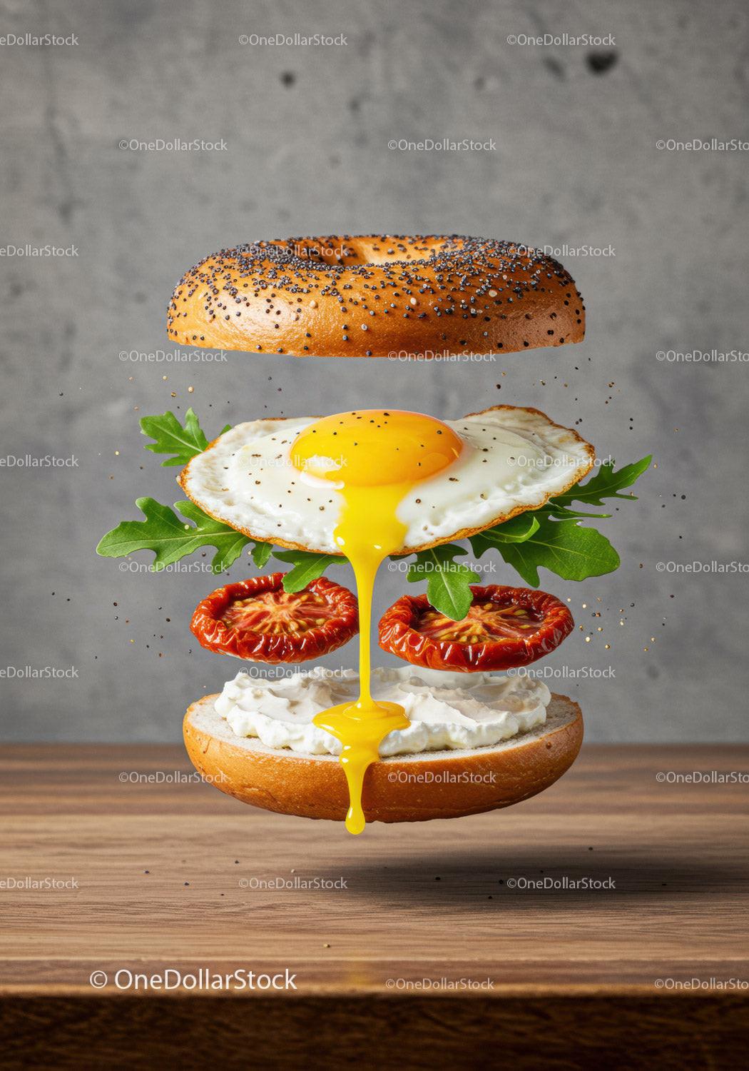 Fresh Bagel Sandwich with Fried Egg and Vegetables