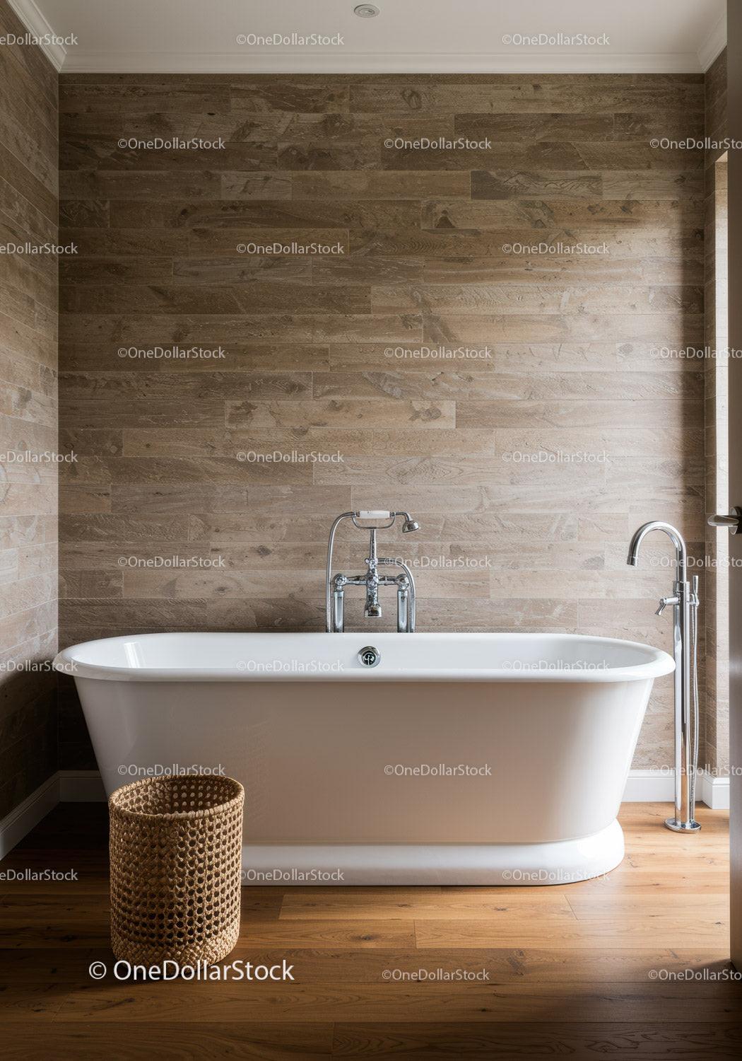 Elegant Modern Bathroom with Wooden Wall Tiles and Freestanding Bathtub