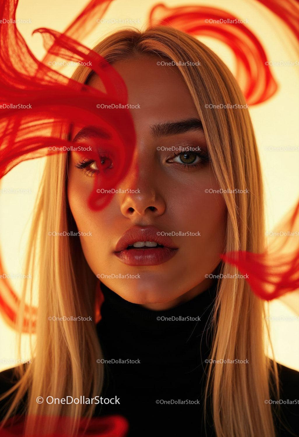 Creative Artistic Makeup Portrait with Red Face Paint and Blonde Hair Stock Photo Bundle preview 15