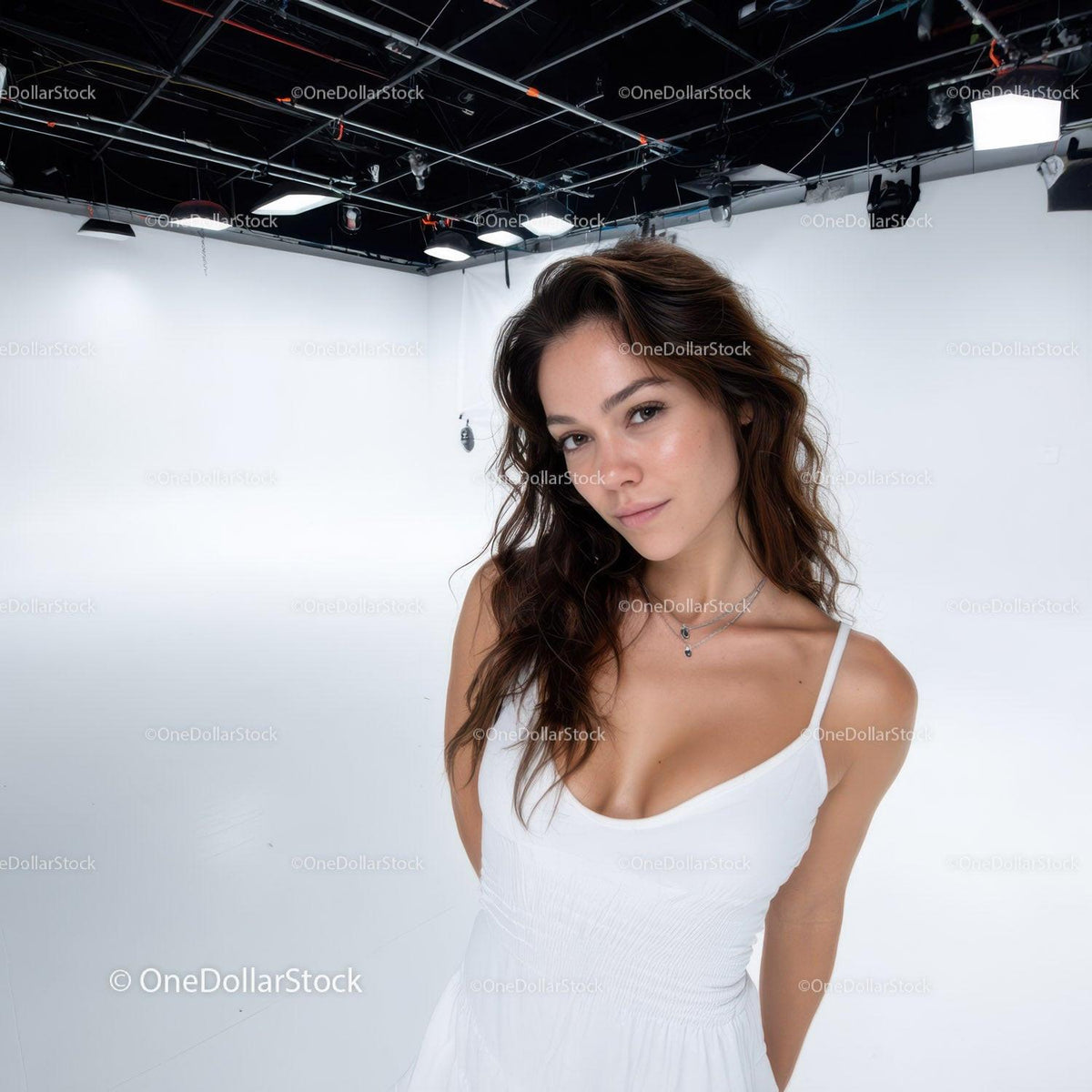 Portrait of a Young Woman in White Dress in Studio Setting