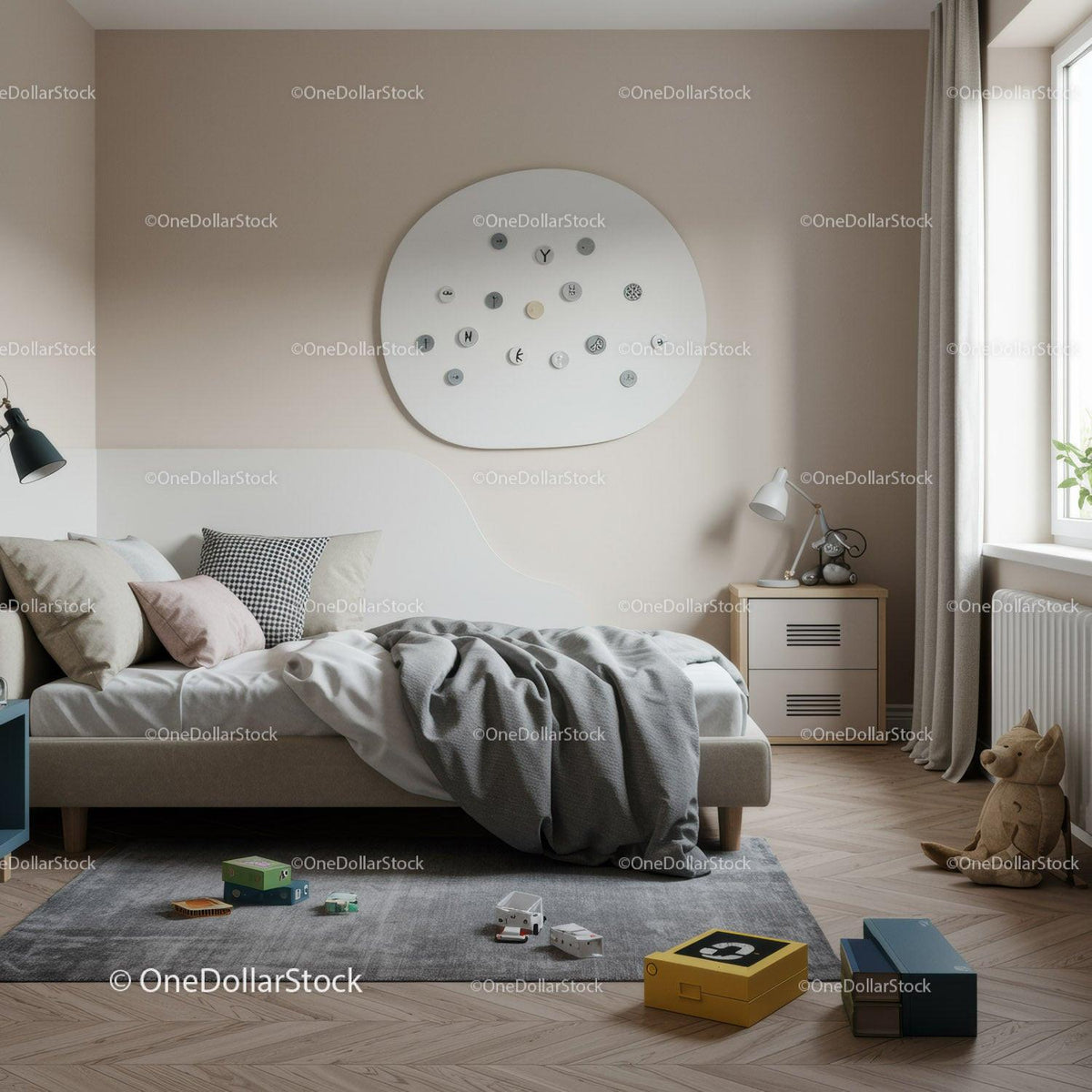 Stylish Modern Bedroom with Cozy Decor and Wall Clock