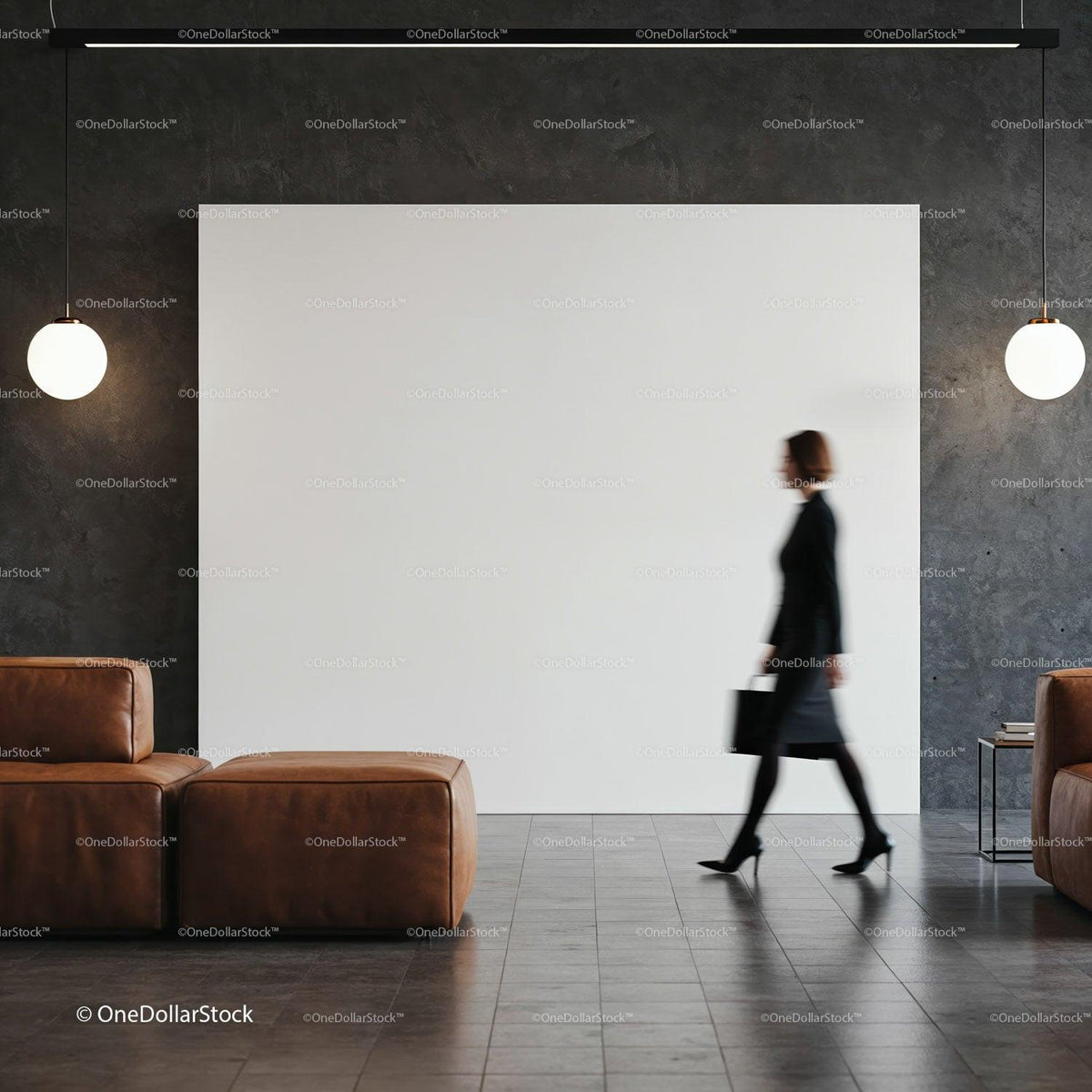 Blurred businesswoman walking in modern minimalist lobby JPG Mockup Image preview