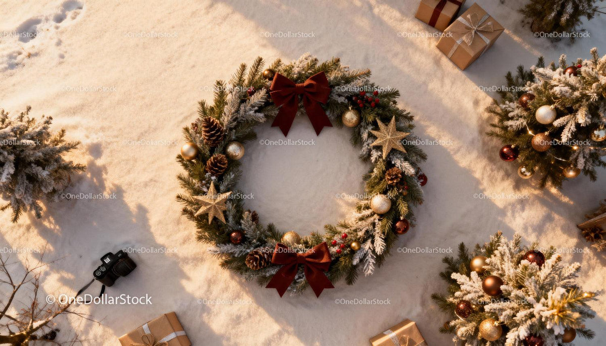 Festive Christmas wreath with decorations on fresh snow