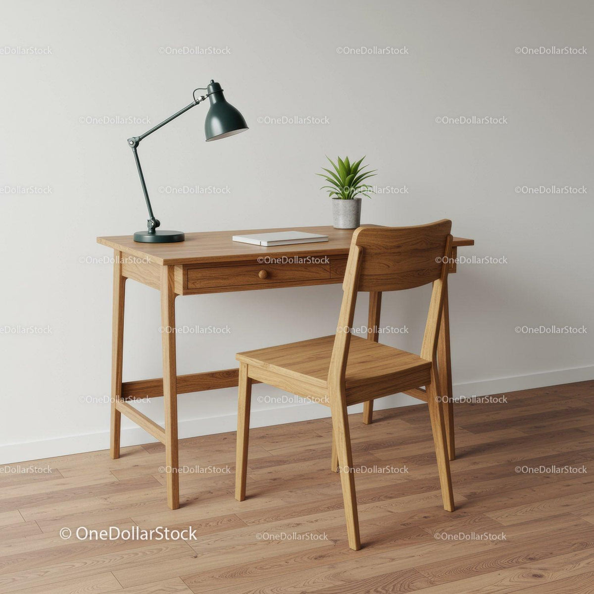 Modern Wooden Desk and Chair in Minimalist Home Office