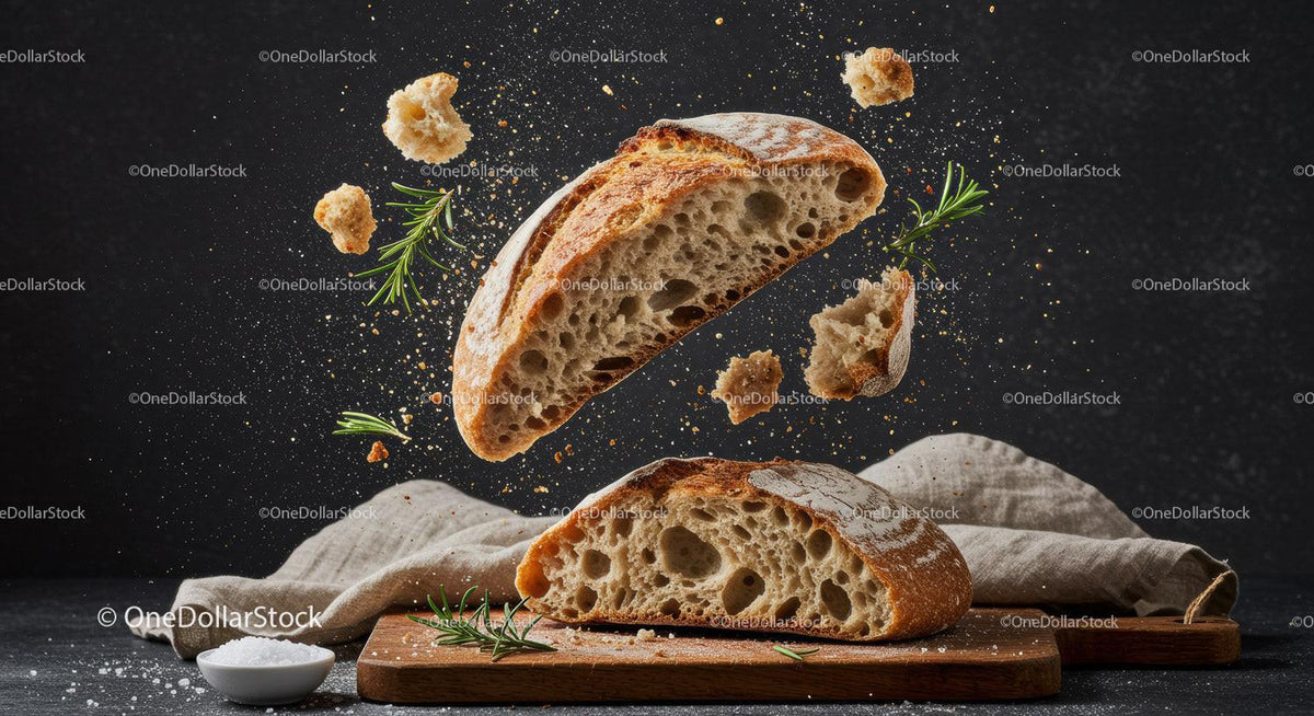 Freshly baked sourdough bread with rosemary and crumbs
