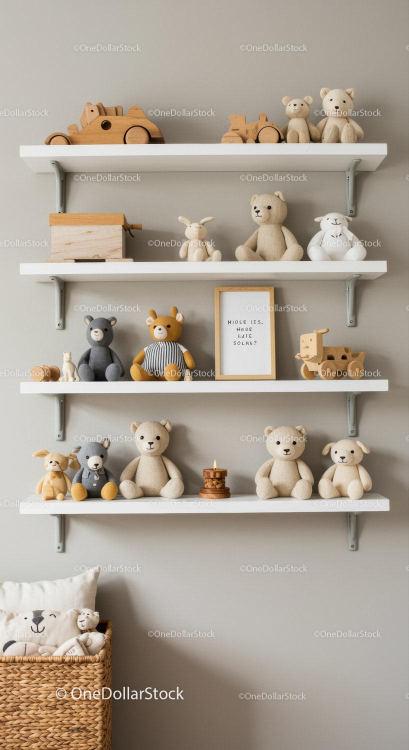 Cute Plush Teddy Bears and Wooden Toys on Shelves in Children's Room