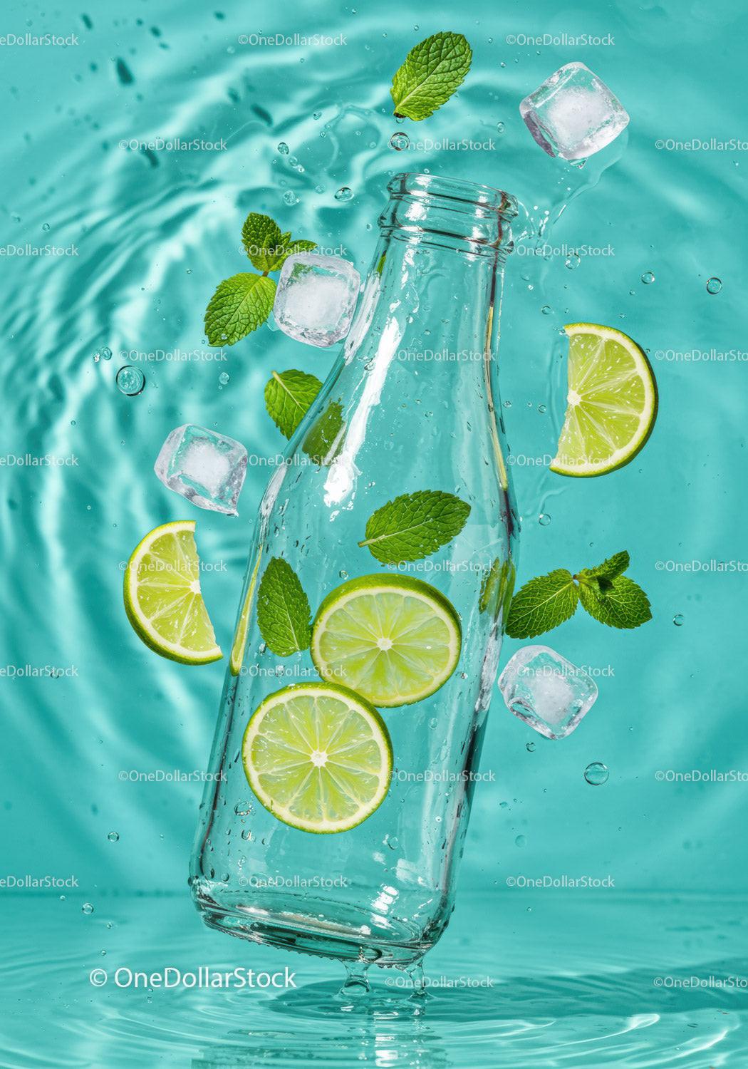 Refreshing Lemon Mint Water Splash with Ice Cubes