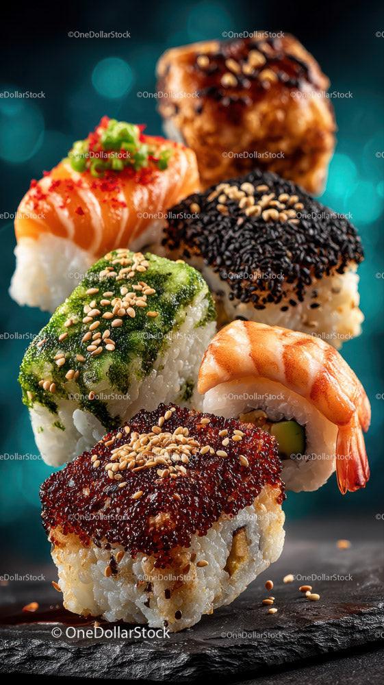 stock photo bundle made with Colorful Sushi Platter with Salmon Tuna Eel and Vegetables Stock Photo Bundle