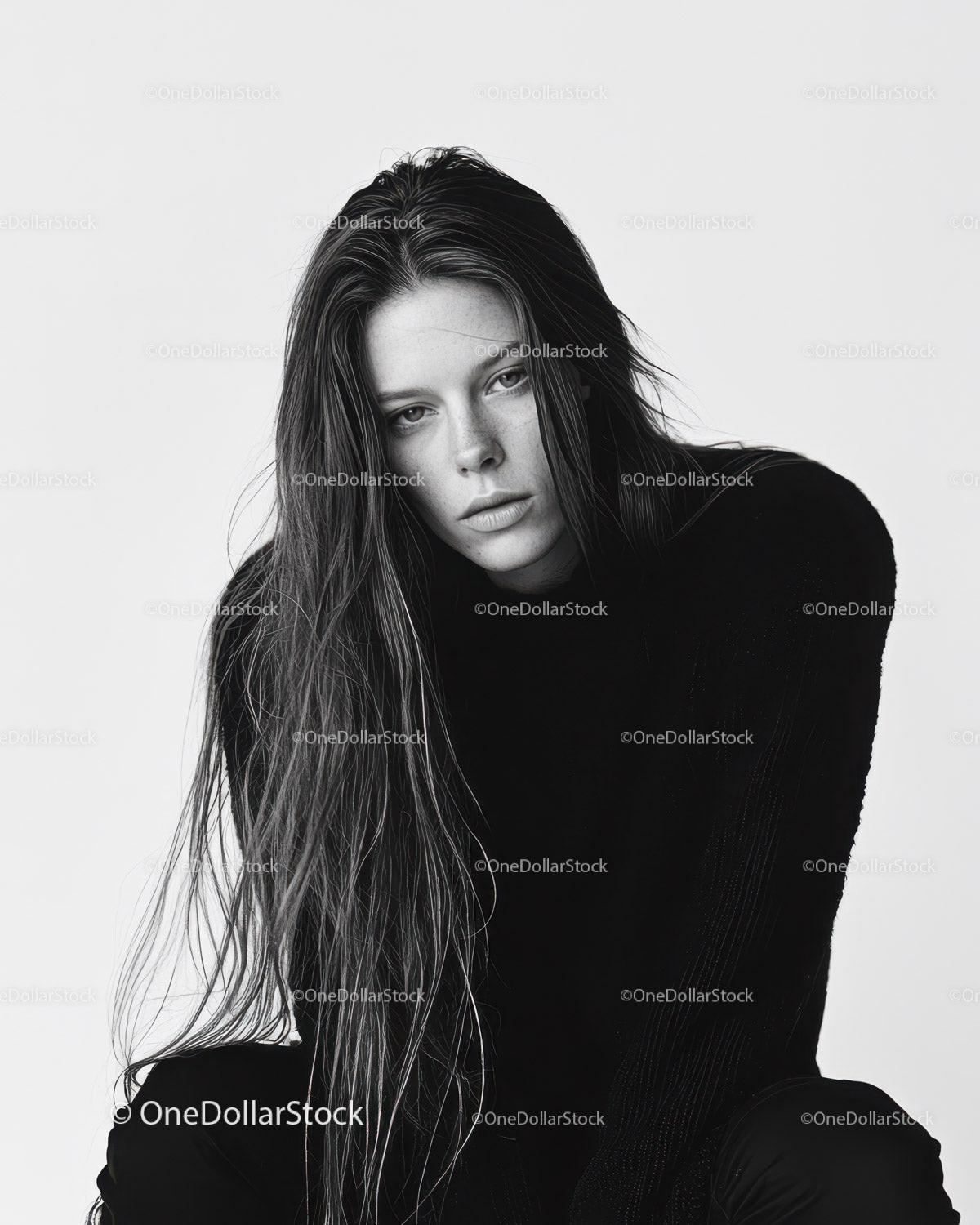 Black and White Portrait of a Stylish Female Model with Long Hair