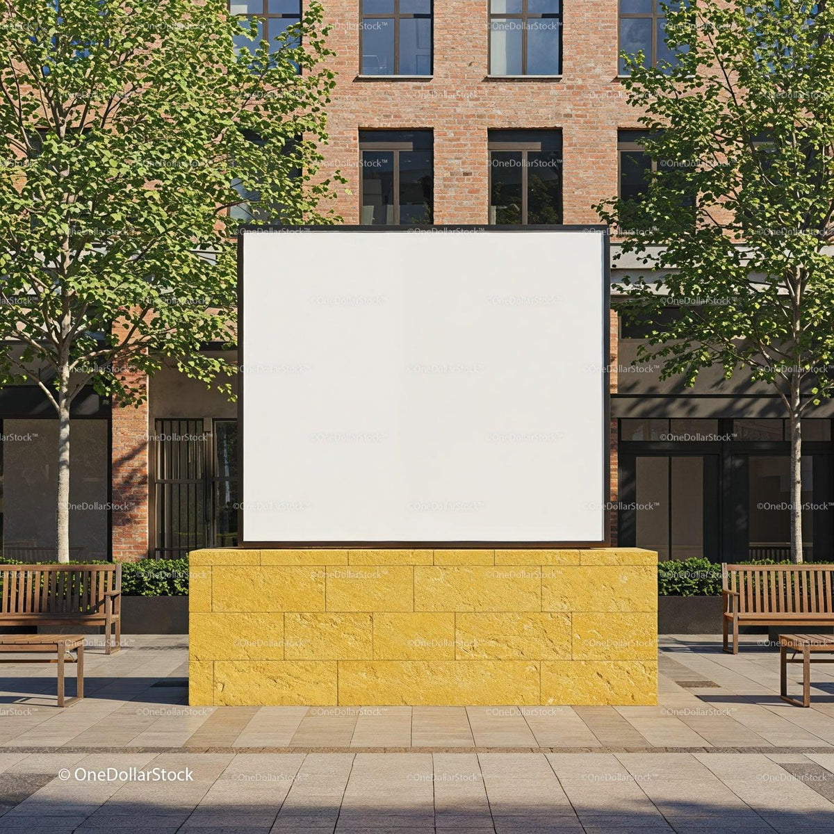 Blank outdoor billboard in urban plaza with benches JPG Mockup Image preview