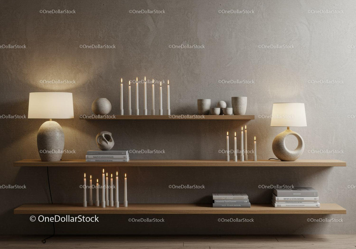 Minimalist shelves with lit candles and modern lamps