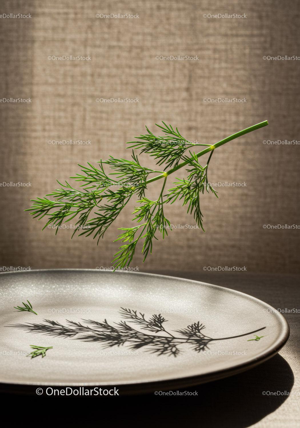Fresh dill sprig casting shadow on ceramic plate