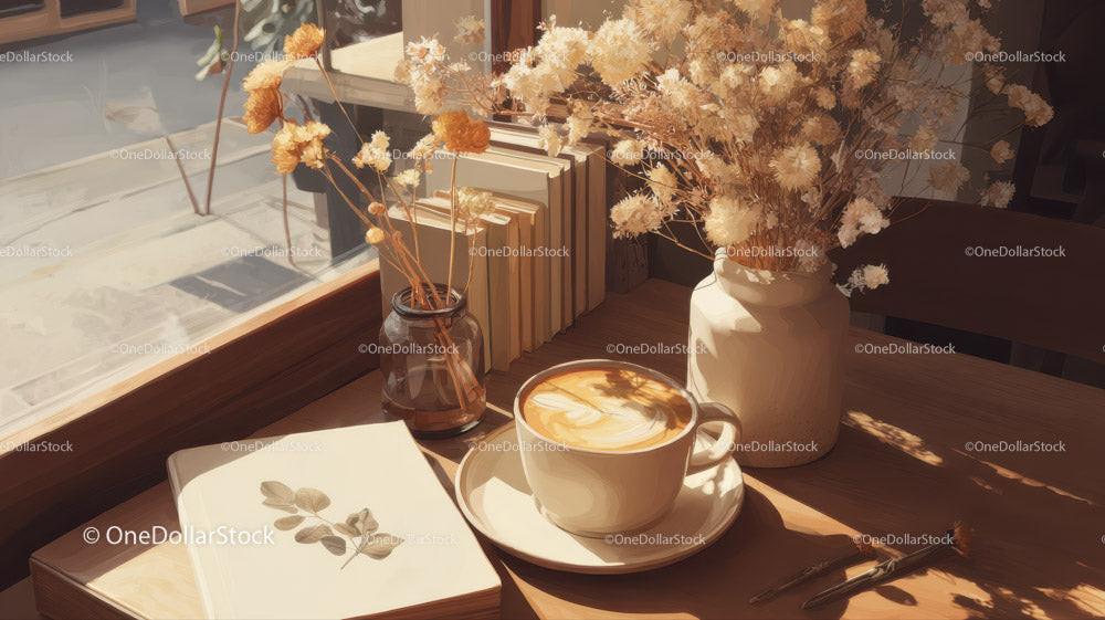 Dried Flowers in Amber Jar with Coffee and Open Book Stock Photo Bundle preview 12