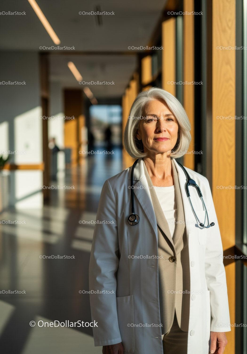 Senior Female Doctor Standing in Medical Hospital Corridor