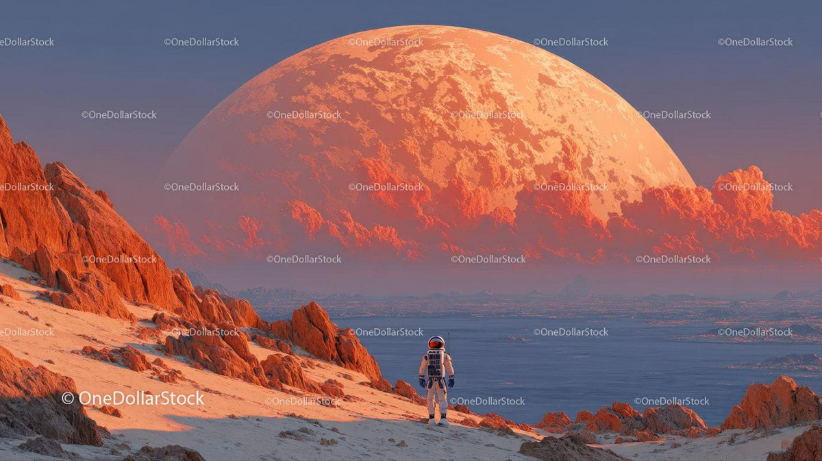 Astronaut Exploring a Surreal Alien Landscape with a Giant Orange Planet Stock Photo Bundle preview 9