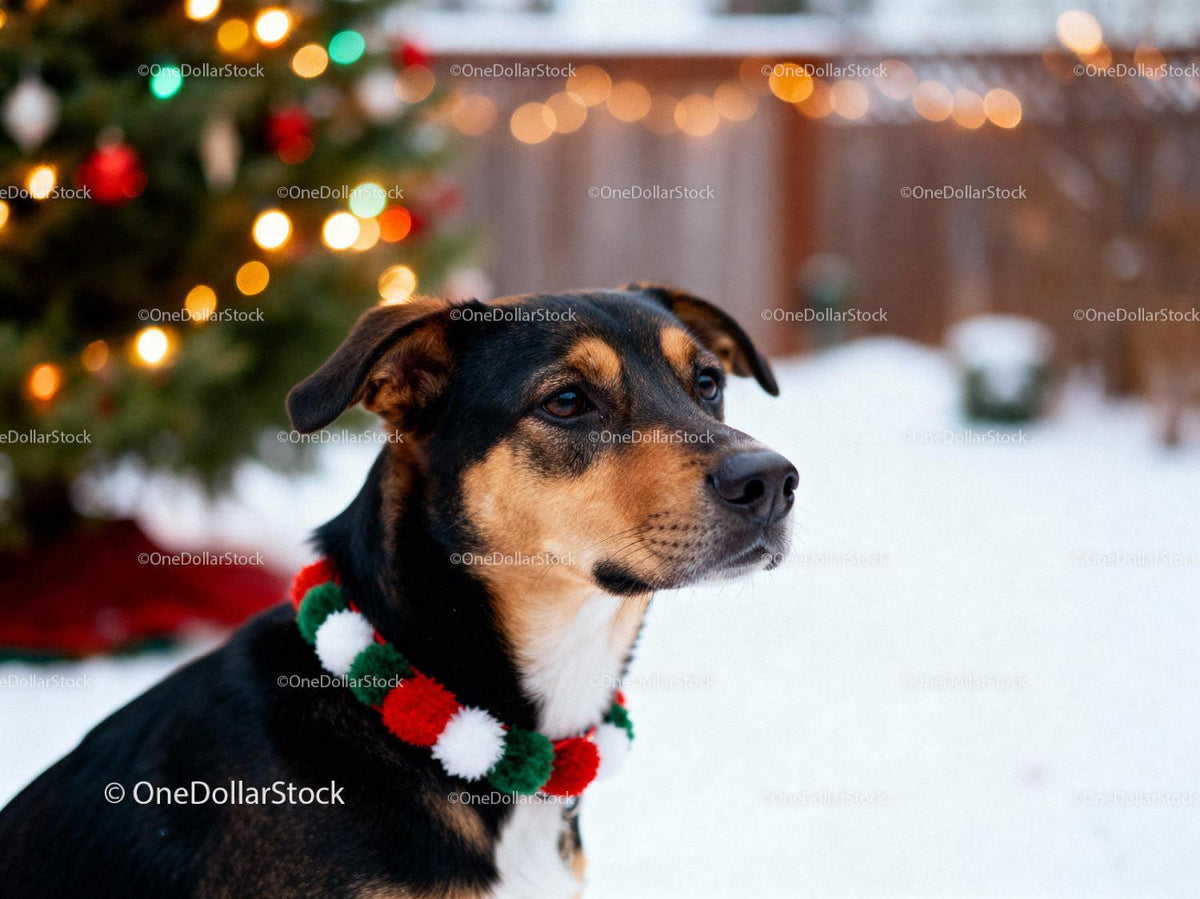 Dog Wearing Festive Garland in Winter Garden