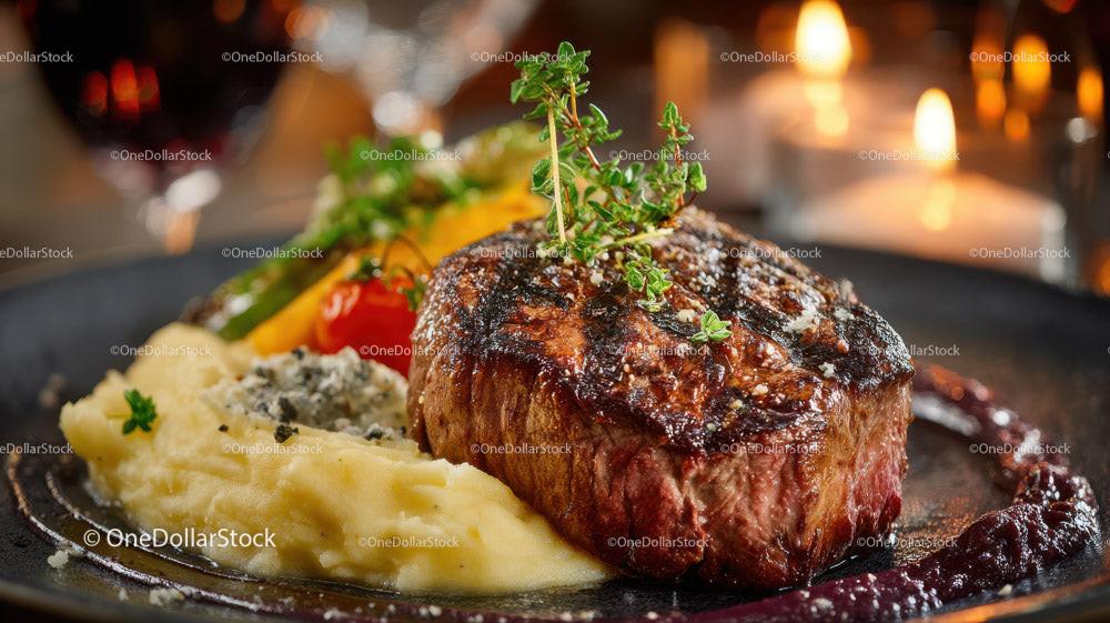 Gourmet Beef Steak with Mashed Potatoes and Rosemary Garnish Stock Photo Bundle creative preview 4