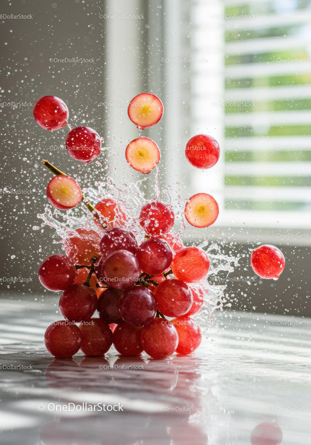 Fresh red grapes bursting with water droplets