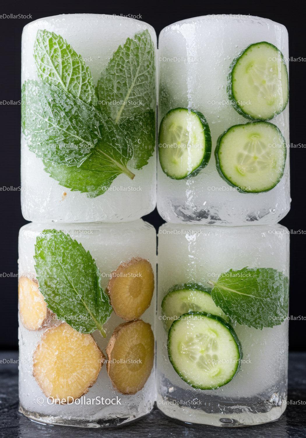Ice cubes with fresh mint cucumber and ginger slices