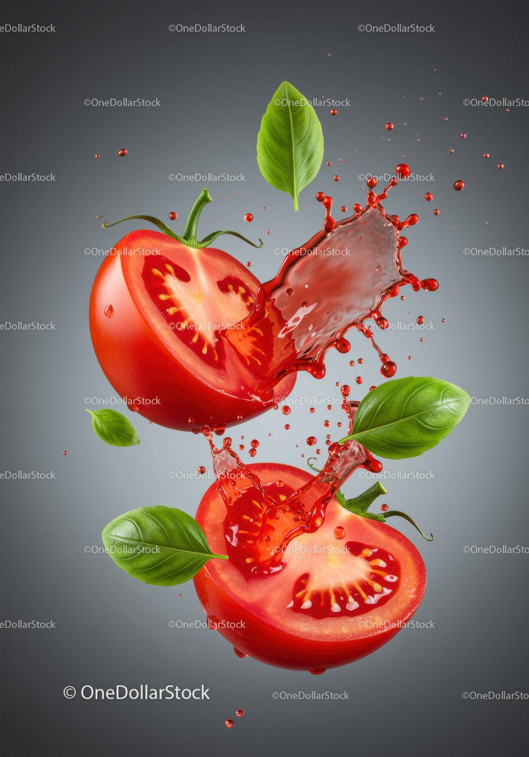 Fresh tomato halves with basil and juice splash