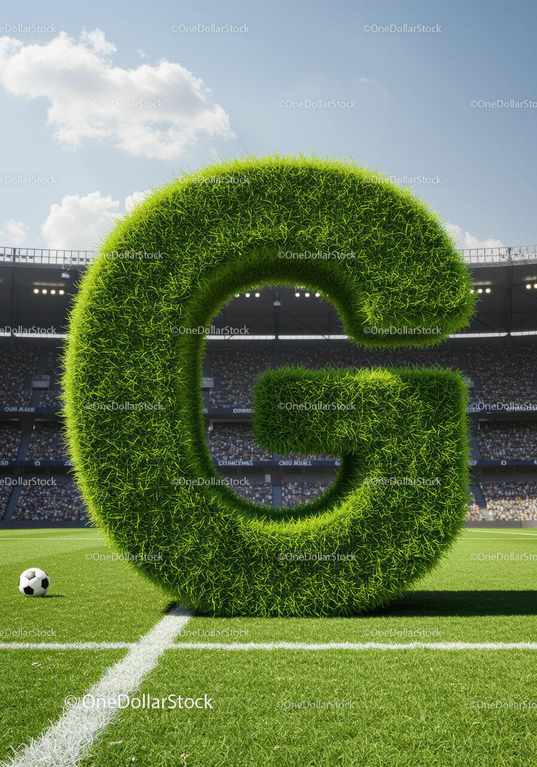 Green grassy letter G on soccer field with ball