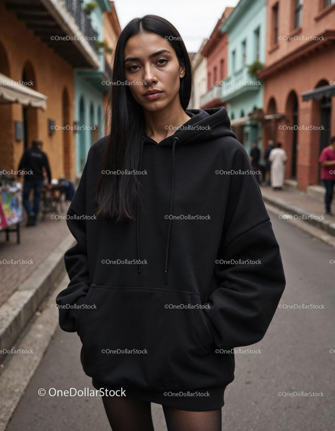 Fashionable Woman Wearing Black Hoodie in Urban City Street Stock Photo Bundle preview 45