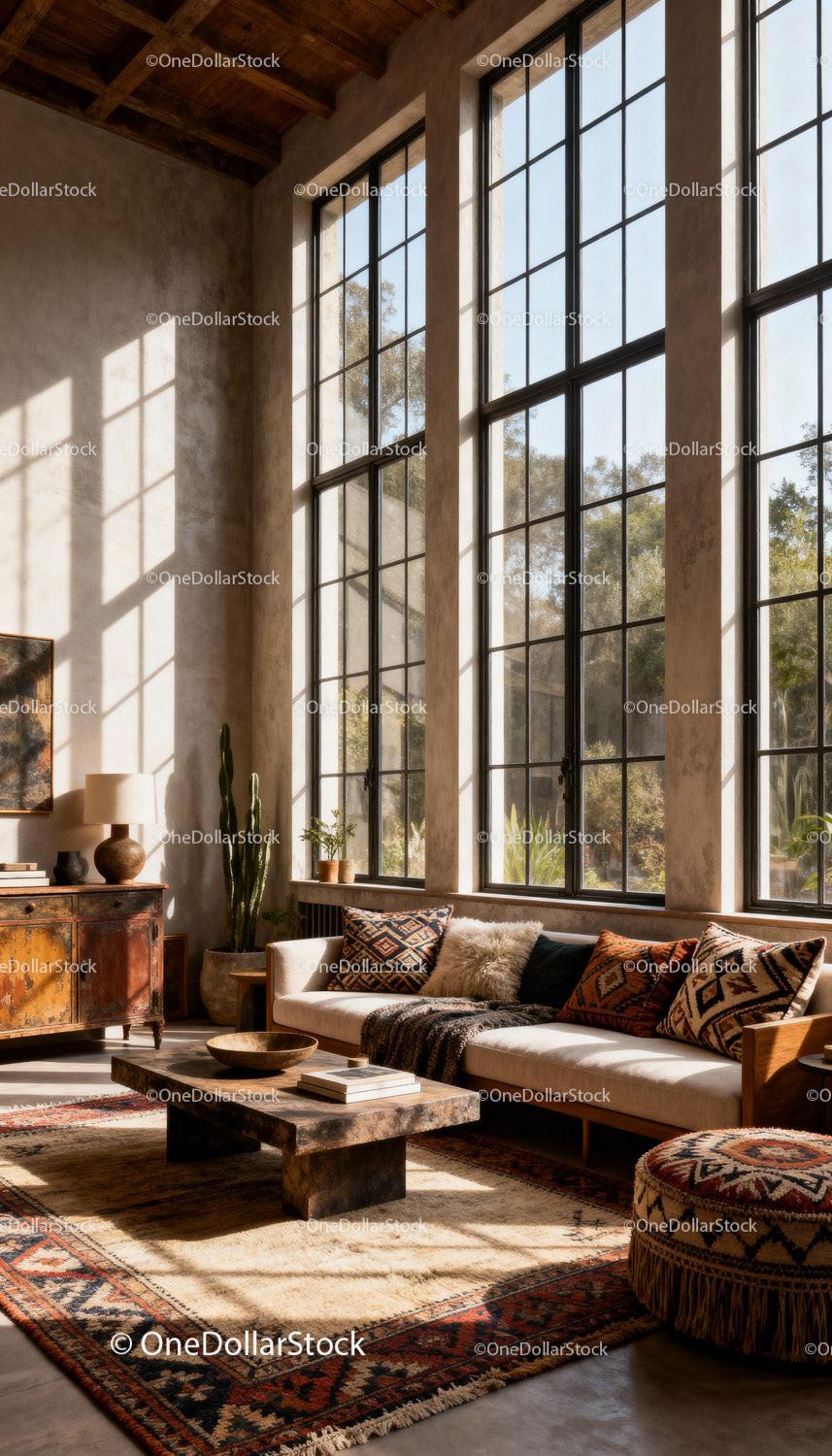Cozy Living Room with Large Industrial Style Windows
