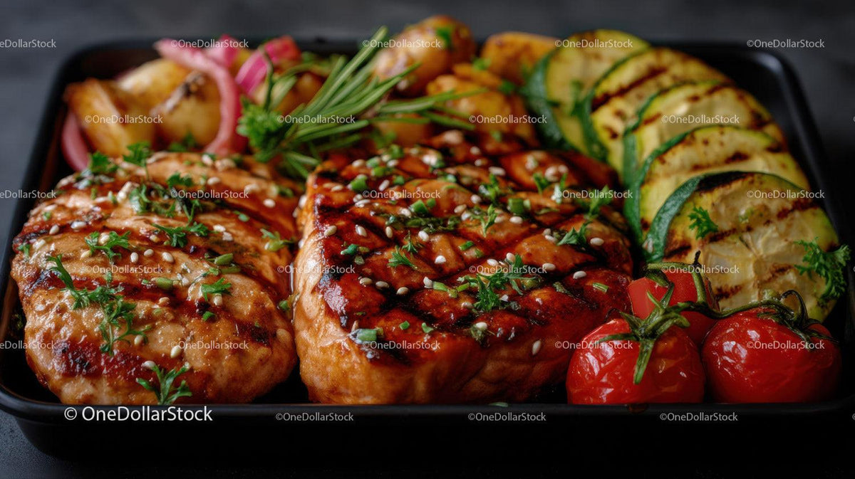 Grilled Chicken Breasts with Vegetables and Cherry Tomatoes