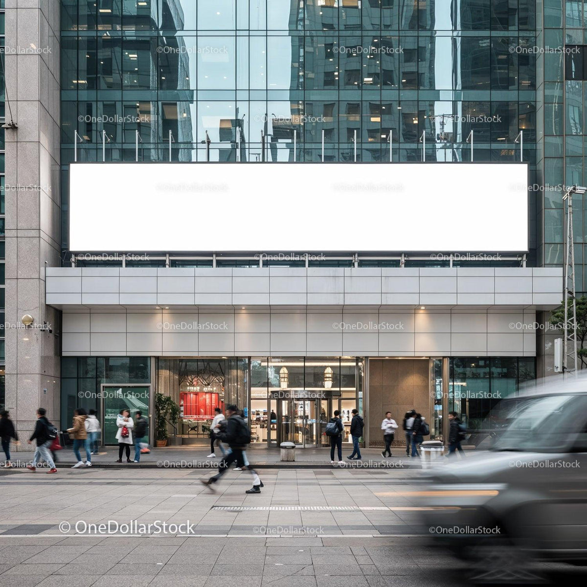 Busy urban street scene with people walking past office building JPG Mockup Image preview