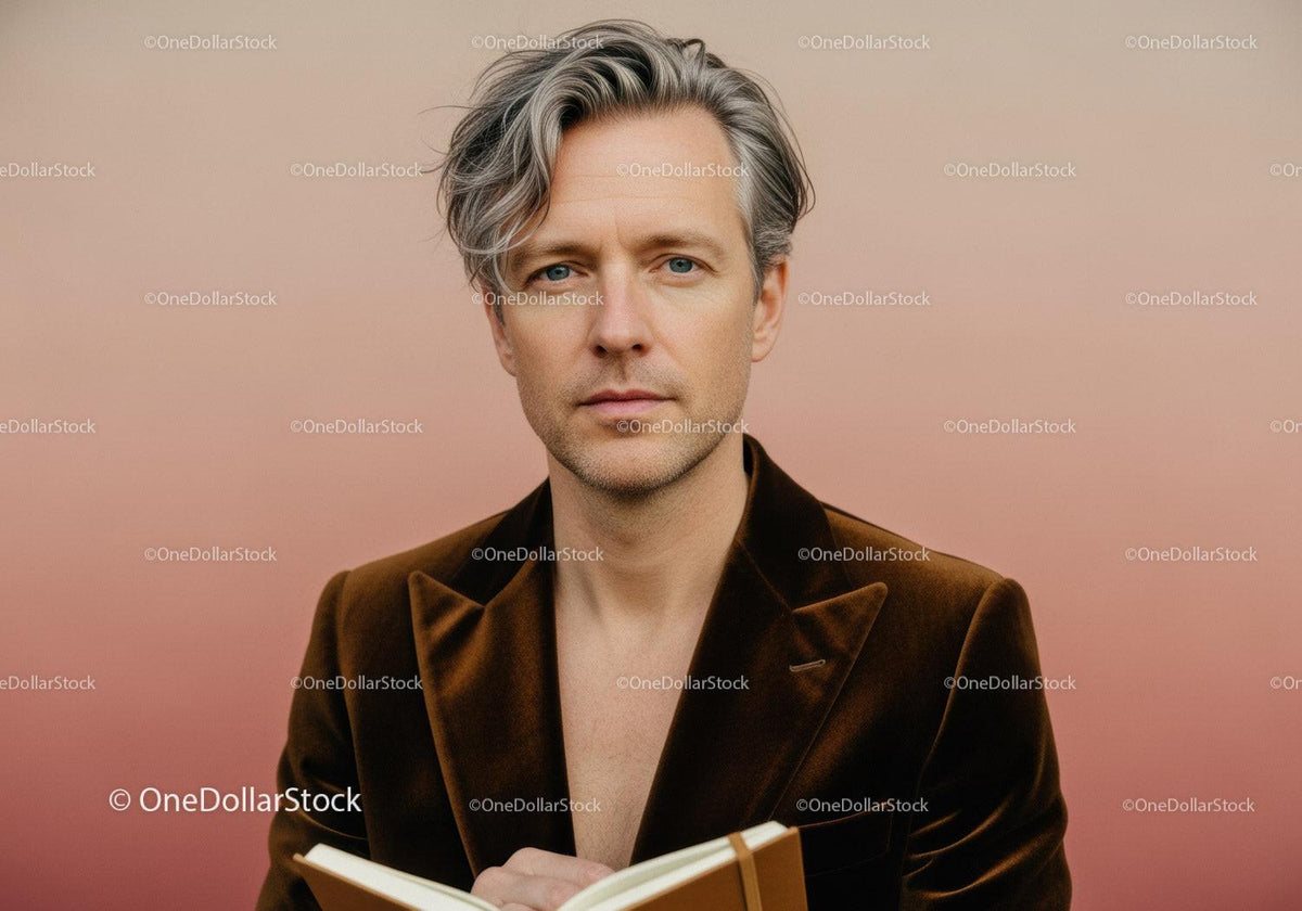 Stylish Adult Man in Brown Velvet Blazer Reading Book Indoors