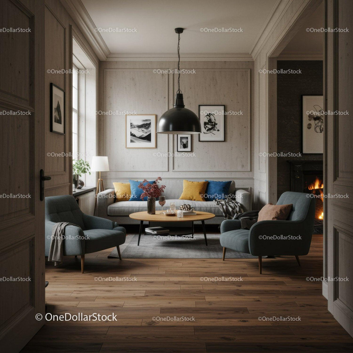 Elegant Modern Living Room with Cozy Sofas and Artistic Decor