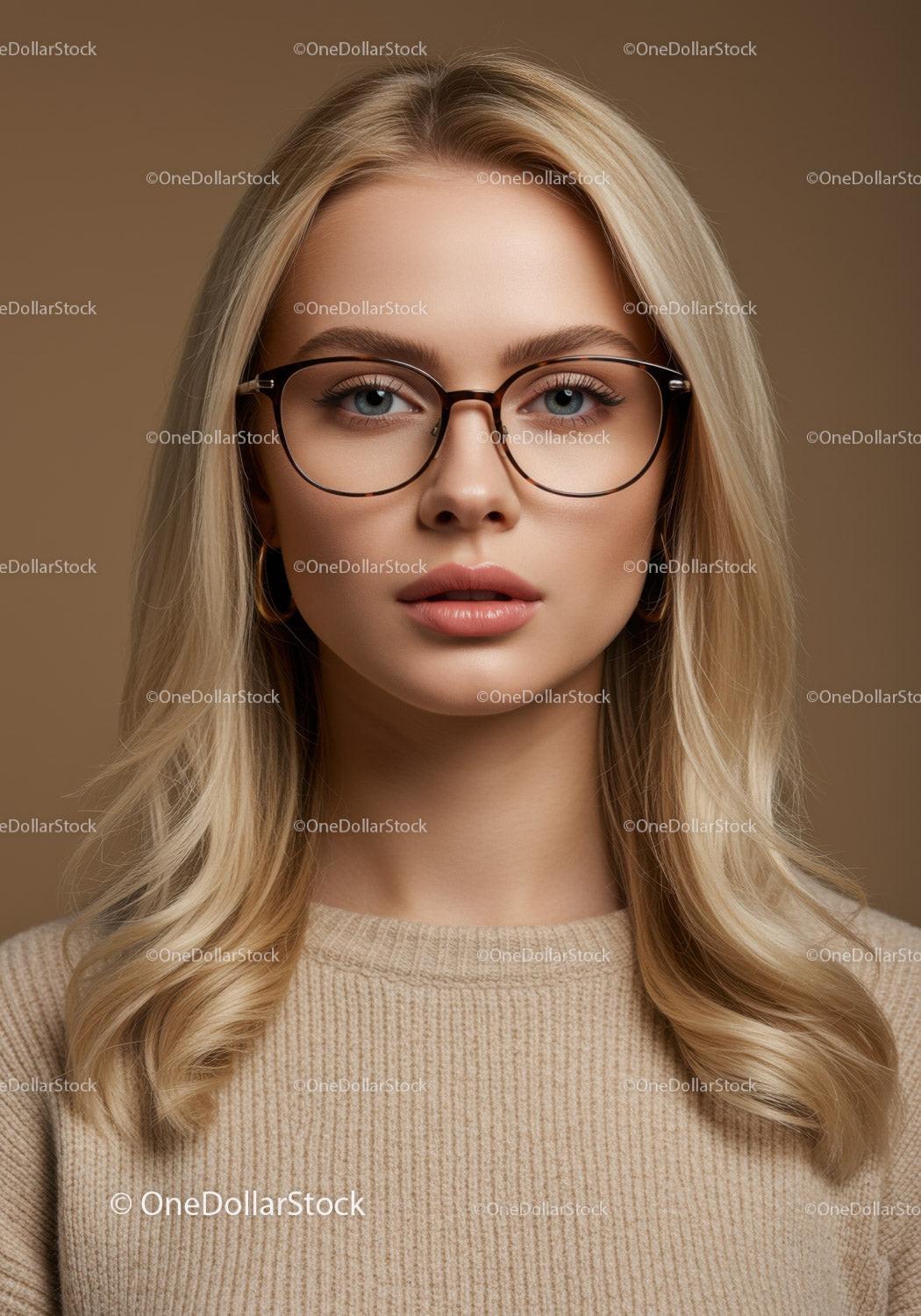 Stylish Young Woman with Blonde Hair and Glasses in Portrait
