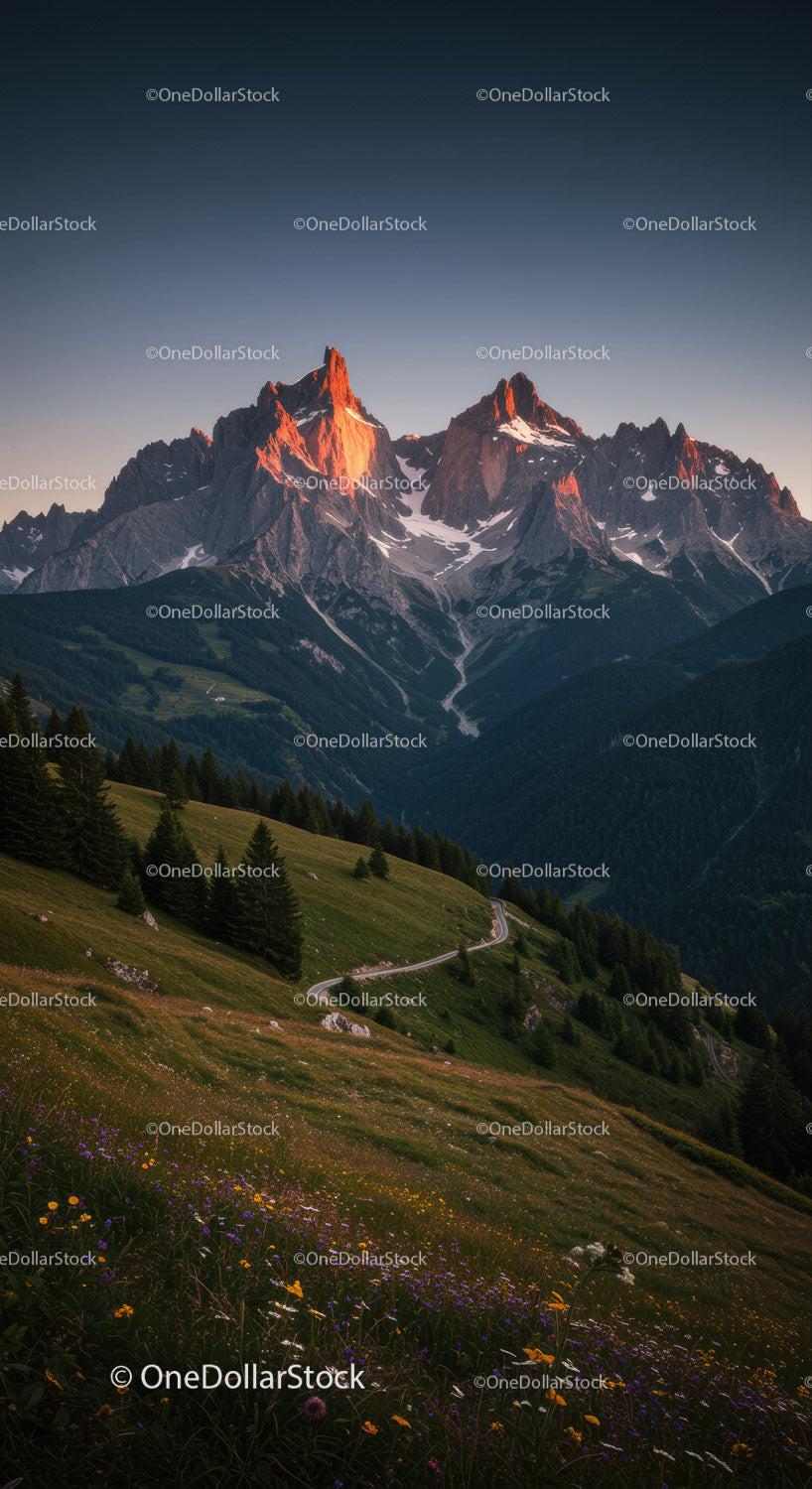 Majestic Mountain Peaks at Sunset with Lush Green Hills