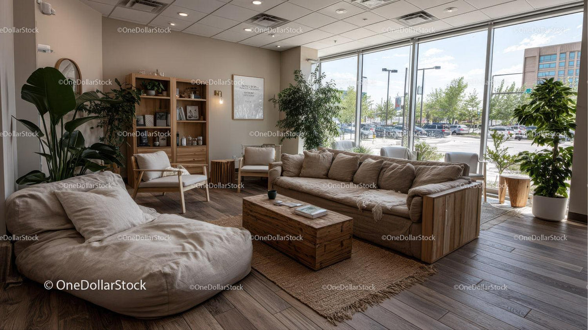 Bright Modern Office Lounge with Green Indoor Plants and Comfortable Seating